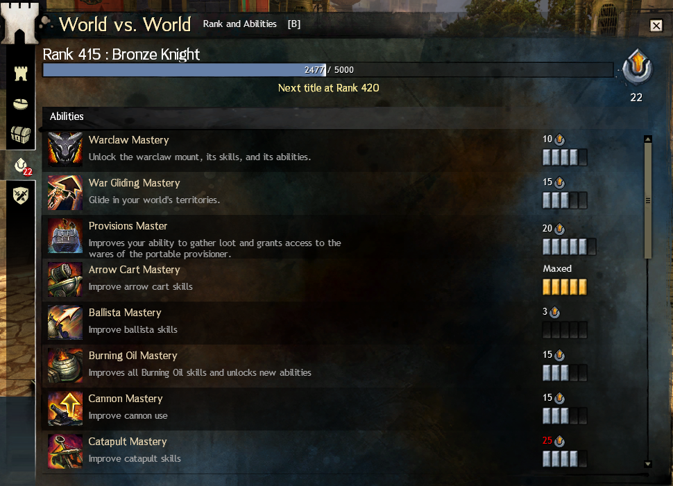 WvW Ranks and Abilities interface showing ability upgrade trees